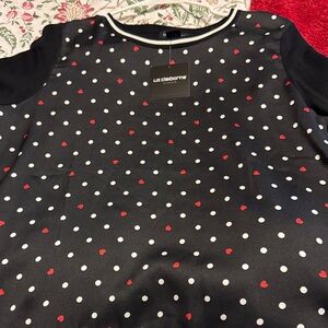 Liz Claiborne Black Top with White Dots and Red Hearts